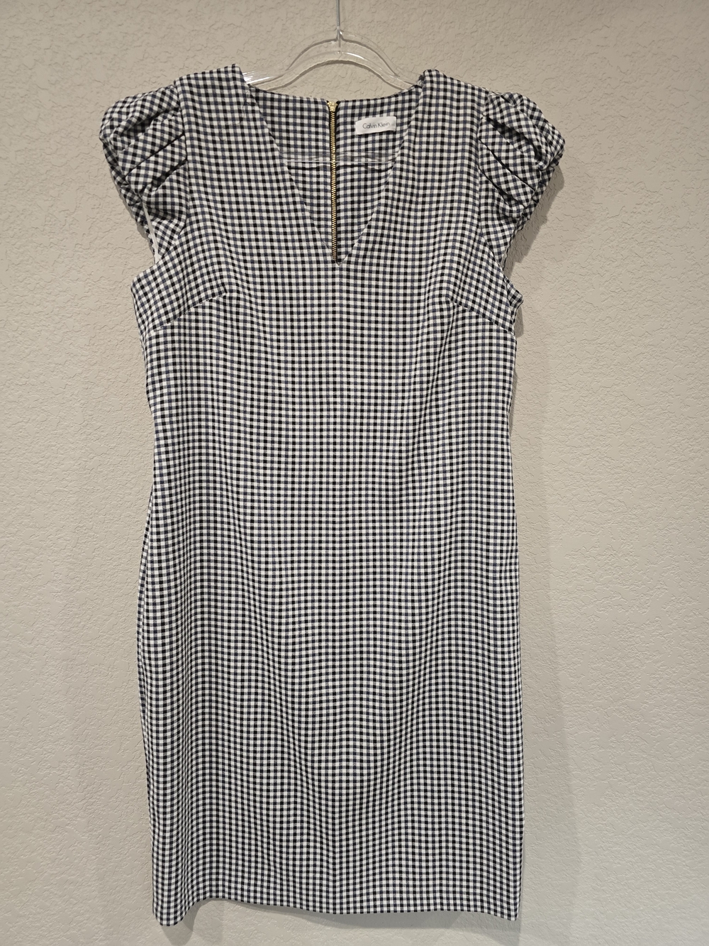 Calvin Klein Black & White With Blue Gingham Midi Dress with Ruched Cap Sleeves